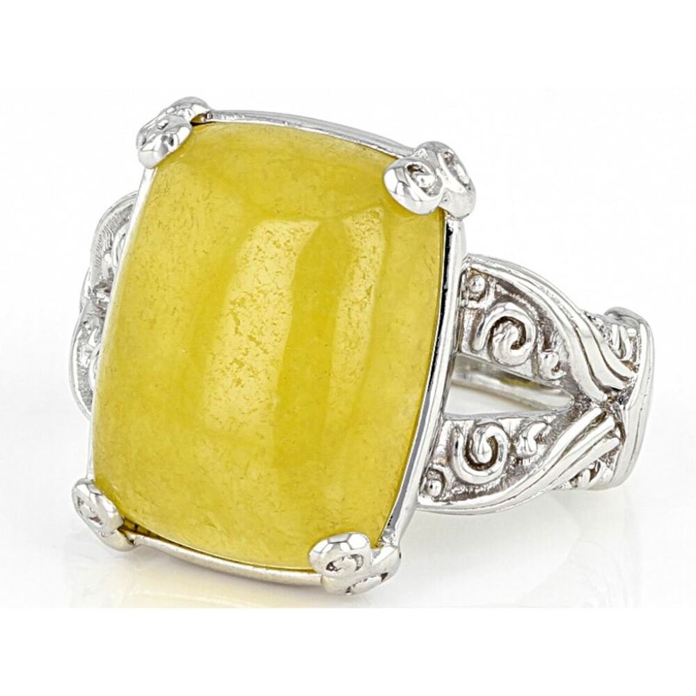 Pacific Style Yellow Jadeite Rhodium Over Polished 925 Sterling Silver Ring